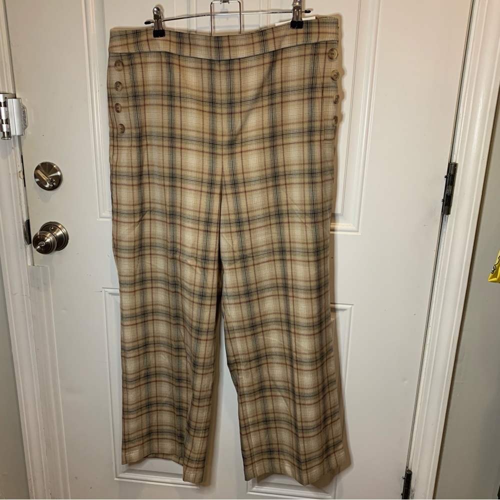 NWT LOFT Plaid Checkered High Rise Wide Leg Pants Side Buttons Trousers $84.99